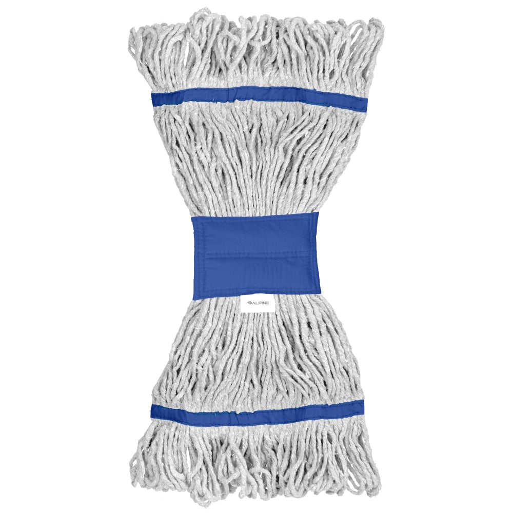 Alpine Industries Cotton Loop-End Mop Heads With 5in Head And Tail Bands, 32 Oz, White/Blue, Set Of 12 Heads