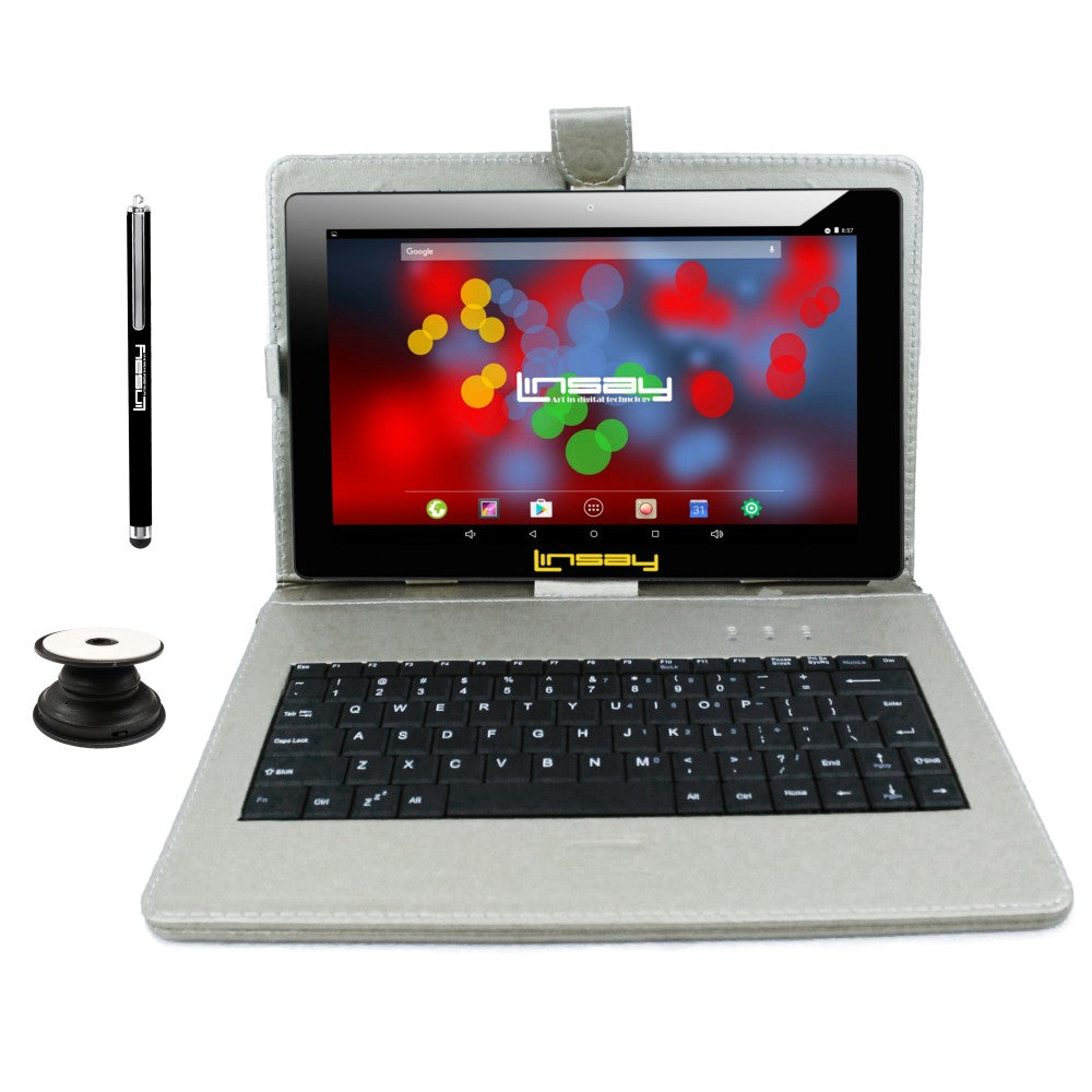 Linsay F10IPS Tablet, 10.1in Screen, 2GB Memory, 64GB Storage, Android 13, Silver Keyboard