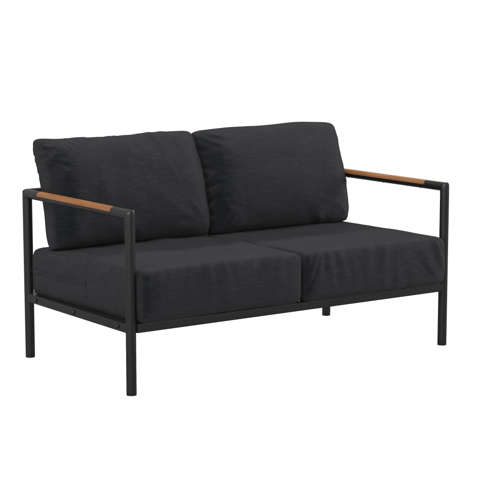 Flash Furniture Lea Indoor/Outdoor Patio Loveseat With Teak Accent Arms, Charcoal/Black