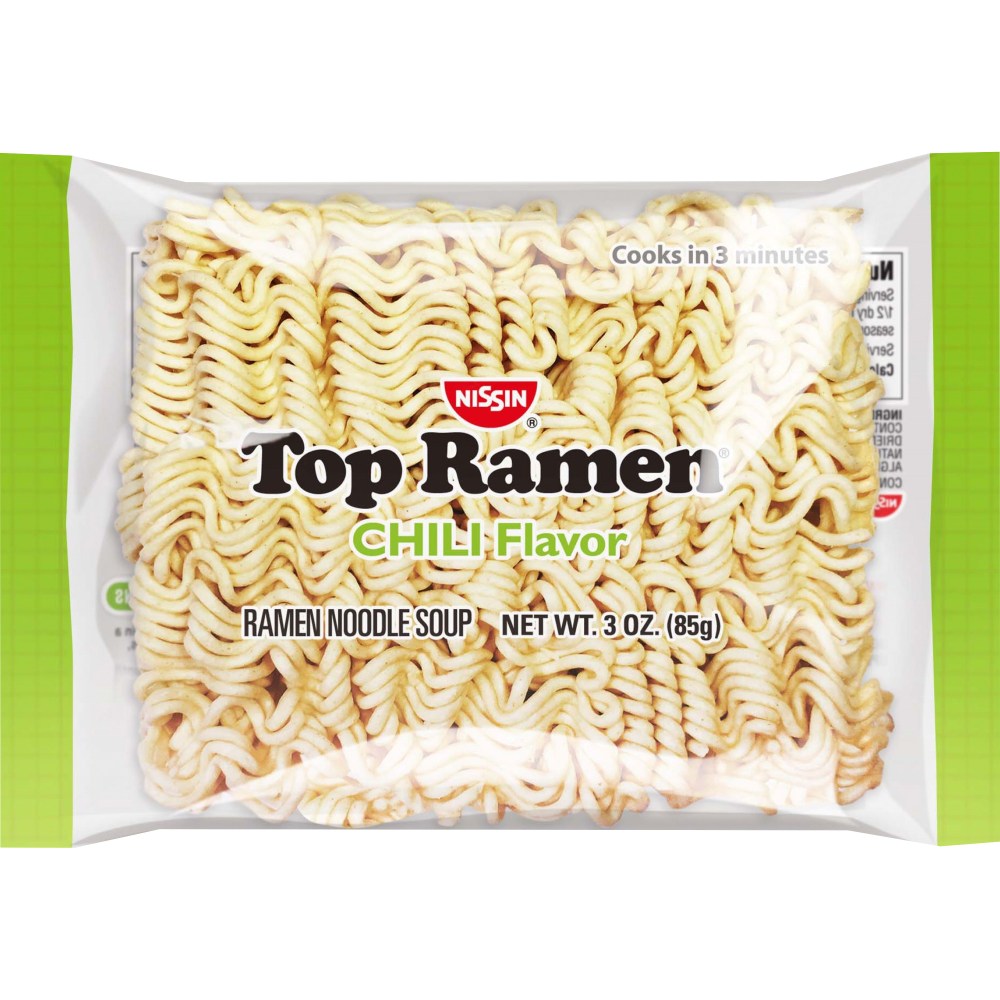 Nissin Top Ramen Chili Flavor Ramen Noodle Soup, 3 Oz, Carton Of 24 Packs