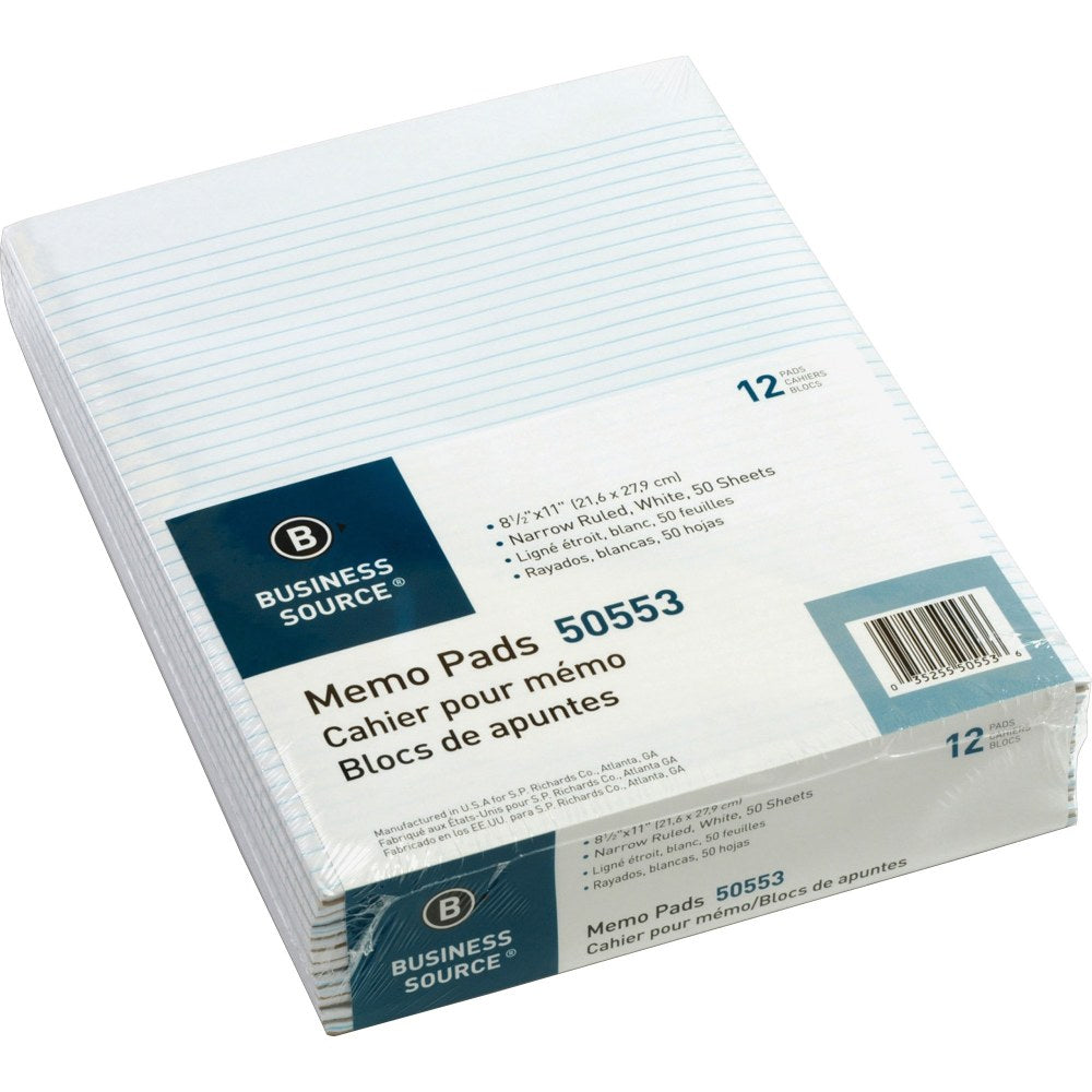 Business Source Glued Top Ruled Memo Pads - Letter - 50 Sheets - Glue - Narrow Ruled - 16 lb Basis Weight - Letter - 8 1/2in x 11in - White Paper - 1 Dozen