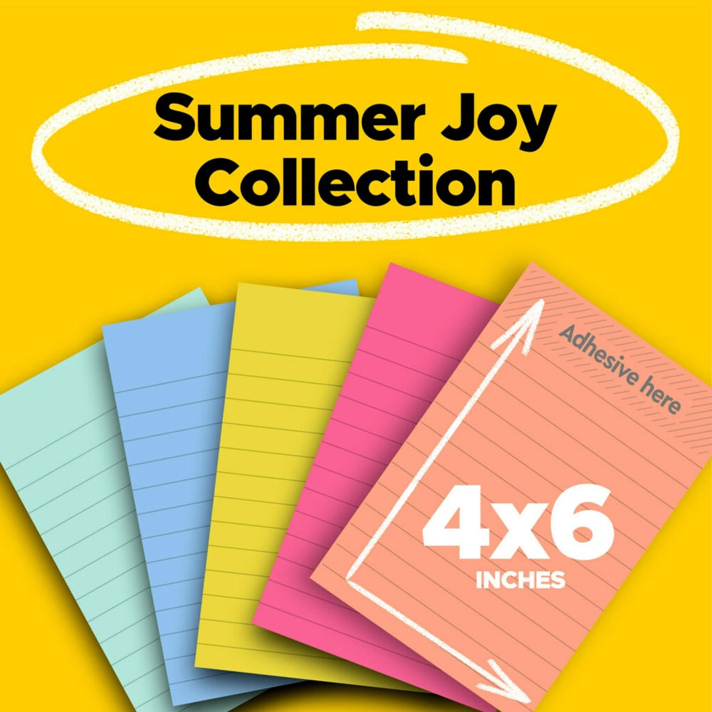 Post-it Super Sticky Notes, 4 in. x 6 in., Summer Joy Collection, Lined, 5 Pads/Pack, 90 Sheets/Pad