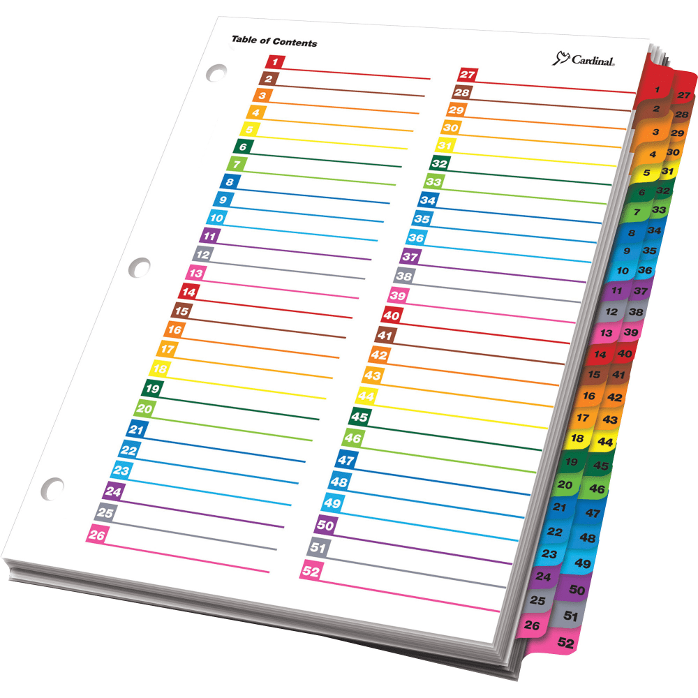 Cardinal OneStep Printable Dividers - 52 Print-on Tab(s) - 52 Tab(s)/Set - 8.5in Divider Width x 11in Divider Length - Letter - 3 Hole Punched - Multicolor Divider - Multicolor Tab(s) - 52 / Each