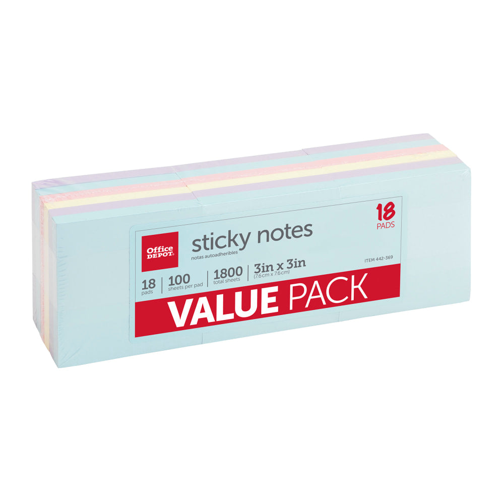 Office Depot Brand Sticky Notes Value Pack, 3in x 3in, Assorted Pastel Colors, 100 Sheets Per Pad, Pack Of 18 Pads