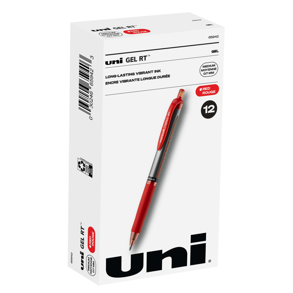 uni-ball Signo Gel RT Retractable Pens, Medium Point, 0.7 mm, Silver Barrel, Red Ink, Pack Of 12 Pens