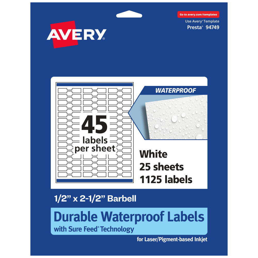 Avery Waterproof Permanent Labels With Sure Feed, 94749-WMF25, Barbell, 1/2in x 2-1/2in, White, Pack Of 1,125