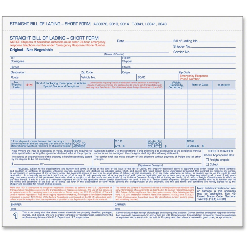 TOPS 3-part Hazardous Material Short Form - 3 PartCarbonless Copy - 8.50in x 6.93in Form Size - 7.62in x 8.50in Sheet Size - White Sheet(s) - Blue Print Color - 250 / Box