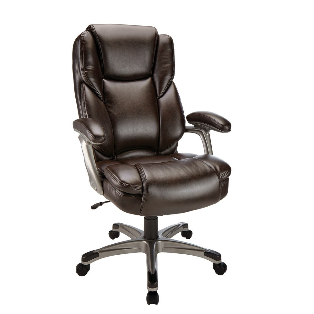 Realspace Cressfield Bonded Leather High-Back Executive Chair, Brown/Silver, BIFMA Compliant