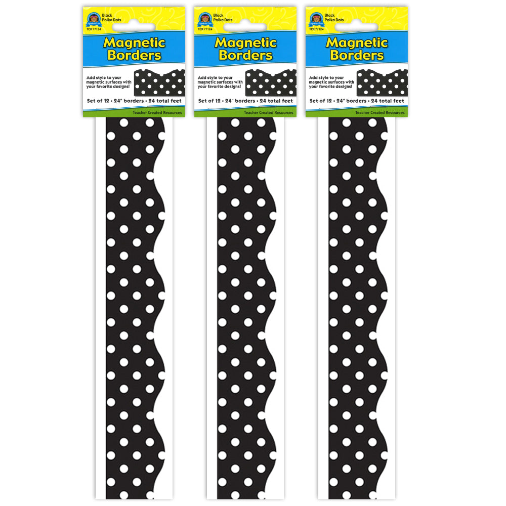 Teacher Created Resources Magnetic Borders, 24in x 1-1/2in, Black Polka Dots, 12 Boarders Per Pack, Set Of 3 Packs