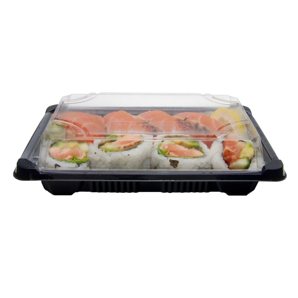 Stalk Market Compostable Food Trays, With Lids, 7in x 4 7/8in x 1 3/4in, Clear Lids/Black Trays, Pack of 300