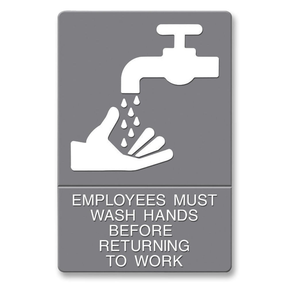 U.S. Stamp & Sign ADA Sign, 6in x 9in, "Employees Must Wash Hands", Gray/White