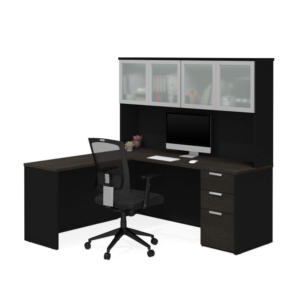 Bestar Pro-Concept Plus 72inW L-Shaped Corner Desk With Pedestal And Frosted Glass-Door Hutch, Deep Gray/Black