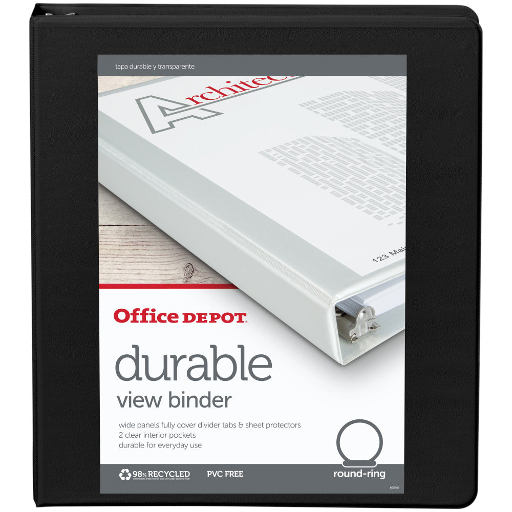 Office Depot Brand Durable View 3-Ring Binder, 1in Round Rings, Black