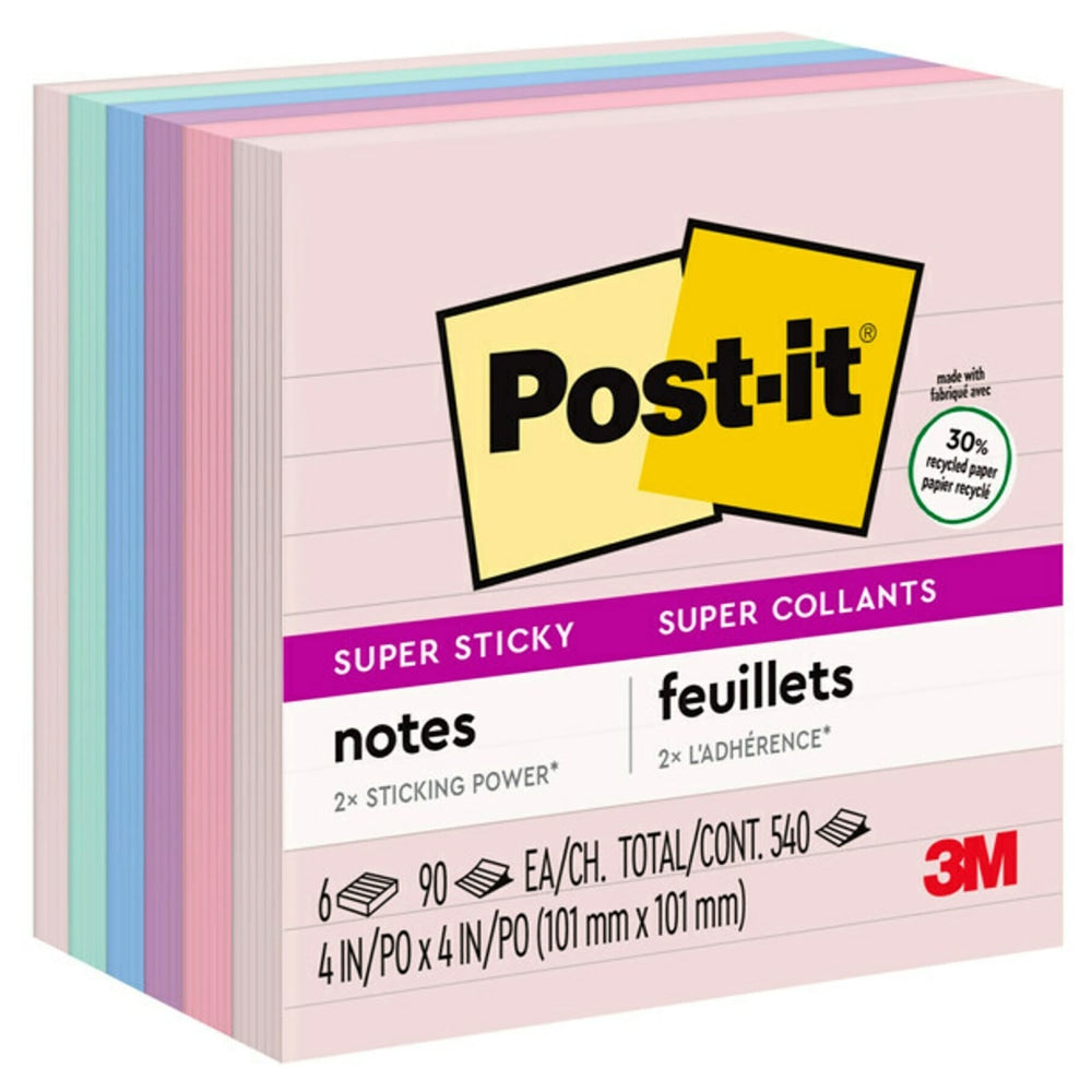 Post-it Recycled Super Sticky Notes, 4 in x 4 in, 6 Pads, 90 Sheets/Pad, 2x the Sticking Power, Wanderlust Pastels Collection, Lined, 30% Recycled