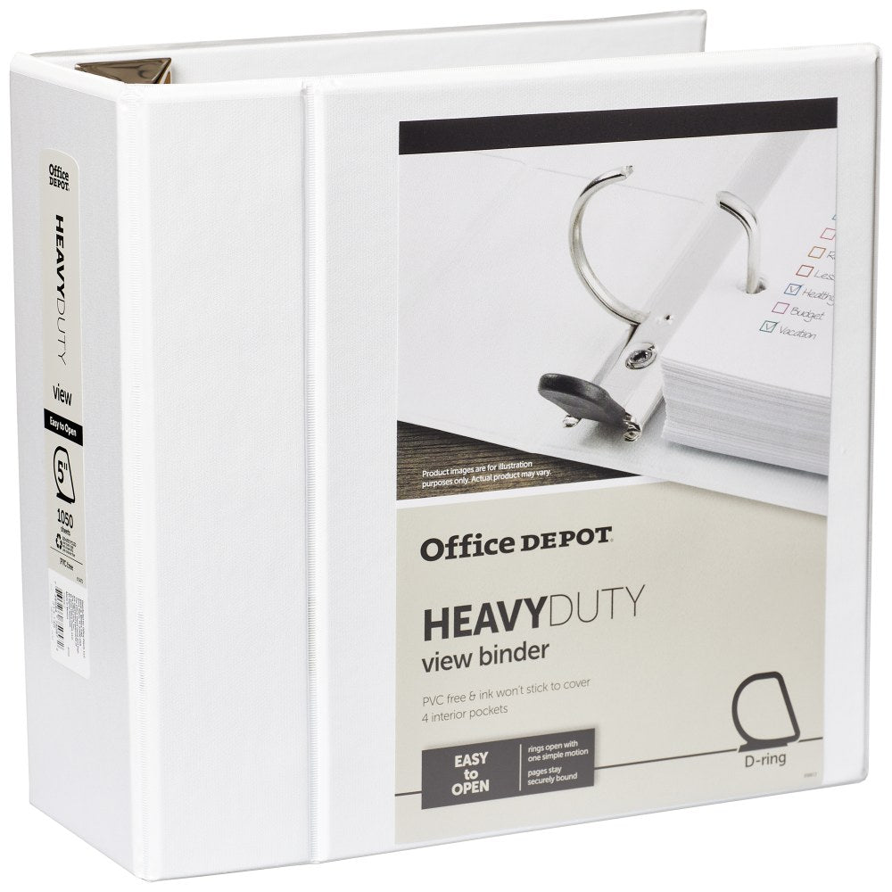 Office Depot Brand Heavy-Duty View 3-Ring Binder, 5in D-Rings, 49% Recycled, White