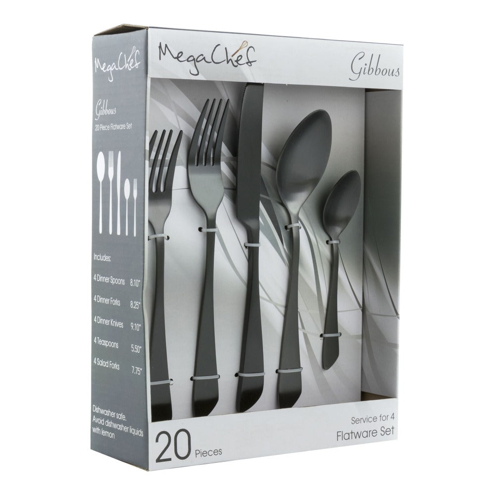 MegaChef Gibbous Stainless-Steel 20-Piece Flatware Utensil Set, Black