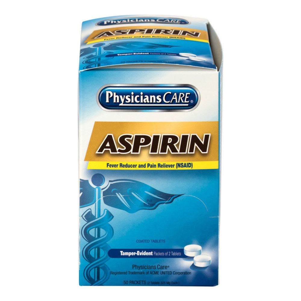 PhysiciansCare Aspirin Pain Reliever Medication, 2 Tablets Per Packet, Box Of 50 Packets