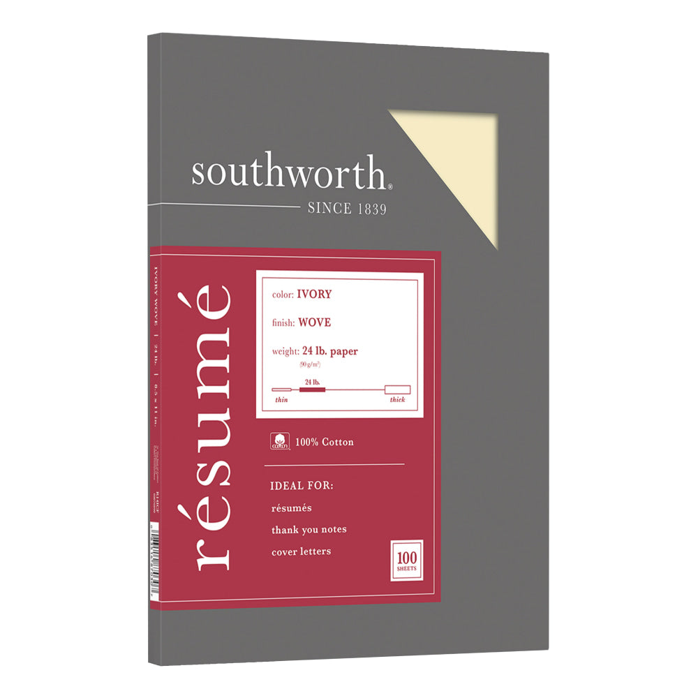 Southworth 100% Cotton Resume Paper, 8 1/2in x 11in, 24 Lb, 100% Recycled, Ivory, Pack Of 100