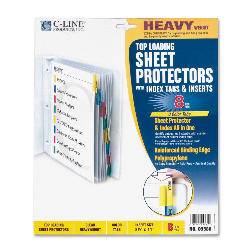 C-Line Top-Loading Sheet Protectors With Tab Inserts, 8 1/2in x 11in, 8-Tab, Assorted Colors