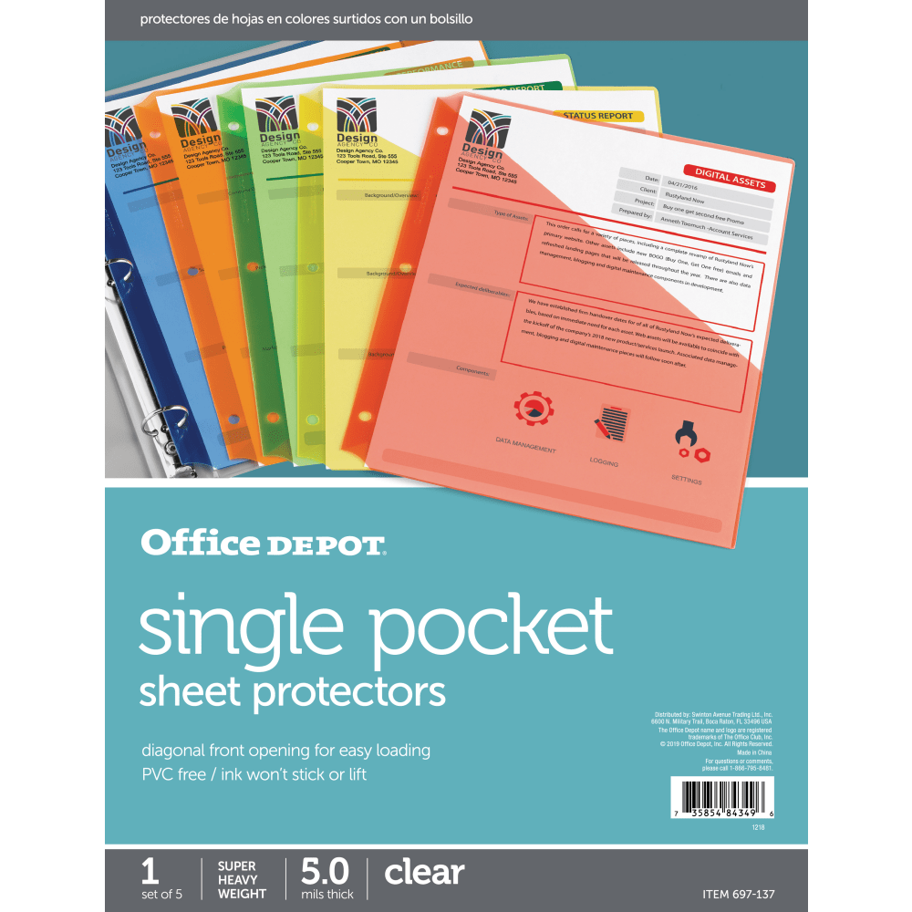 Office Depot Brand Single Pocket Sheet Protectors, 8-1/2in x 11in, Assorted Colors, Pack Of 5