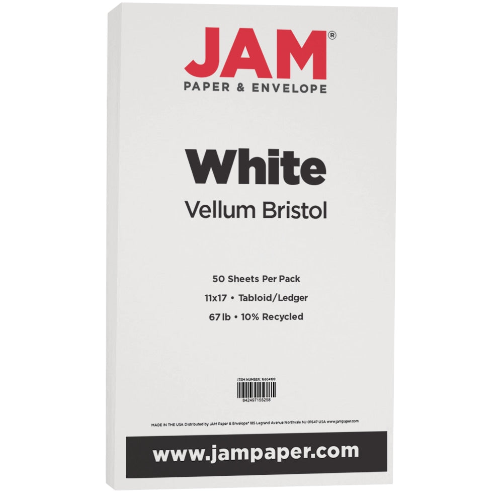 JAM Paper Vellum Bristol Card Stock, White, Ledger (11in x 17in), 67 Lb, White, Pack Of 50