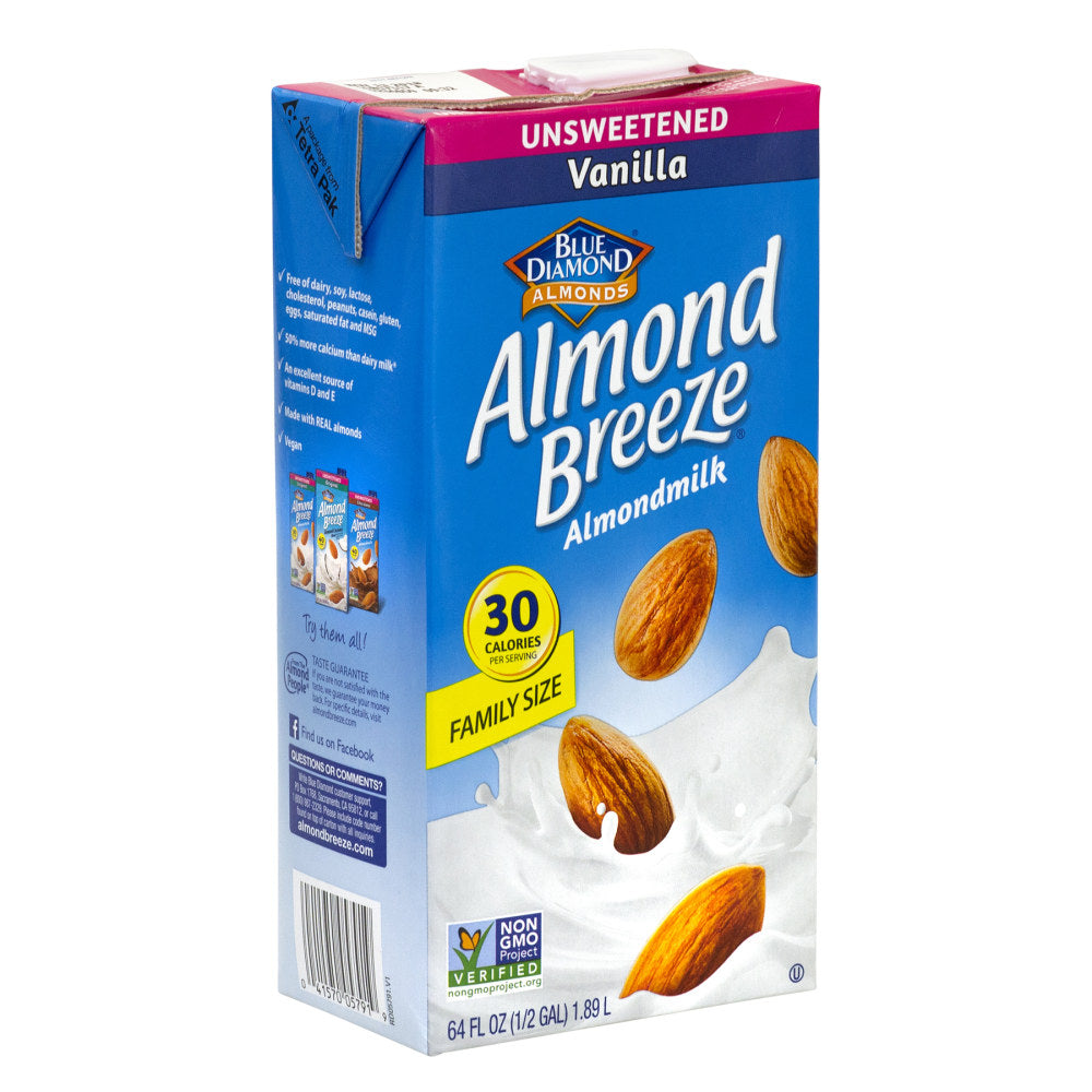 Blue Diamond Almond Breeze Unsweetened Almond Milk, Vanilla, 64 Fl Oz, Pack Of 2 Cartons