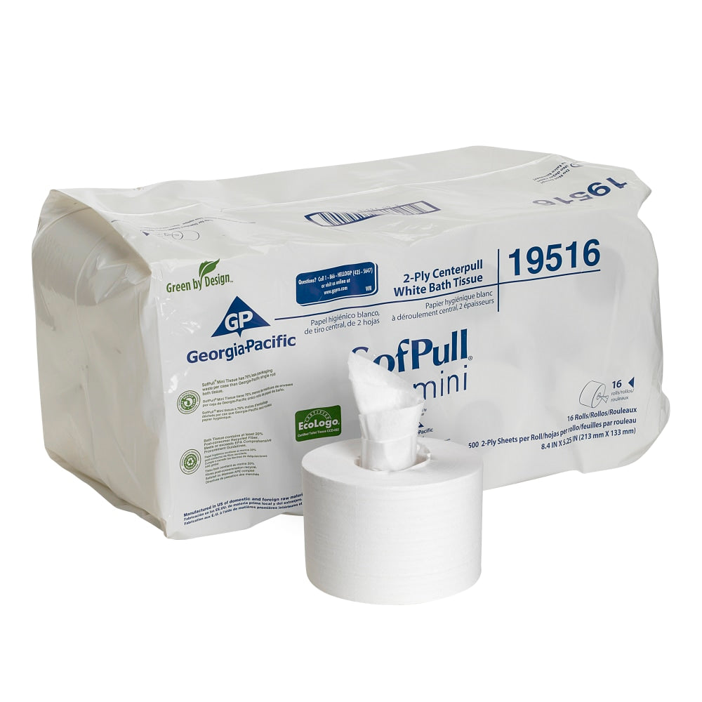 SofPull Mini High-Capacity Centerpull 2-Ply Toilet Paper, 100% Recycled, 500 Sheets Per Roll, Pack Of 16 Rolls