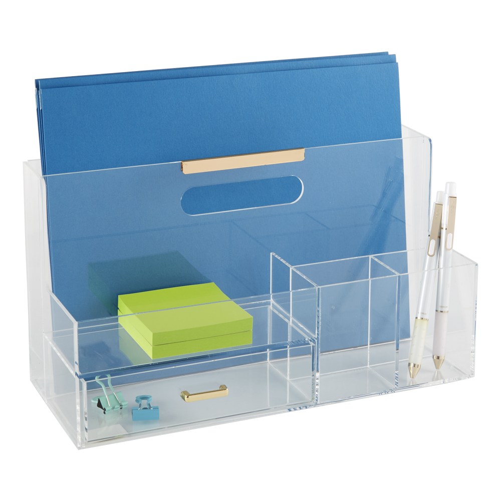 Realspace Vayla Acrylic Desk Caddy With Drawer, 6-7/8inH x 12-1/2inW x 5-3/8inD, Clear/Gold