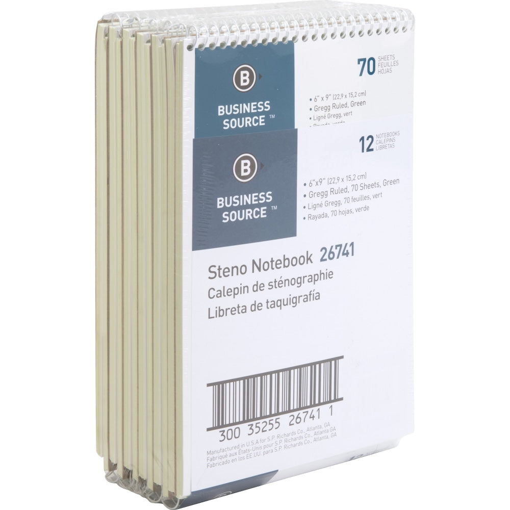 Business Source Wirebound Steno Notebook - 70 Sheets - Wire Bound - 15 lb Basis Weight - 6in x 9in - Green Paper - 12 / Pack