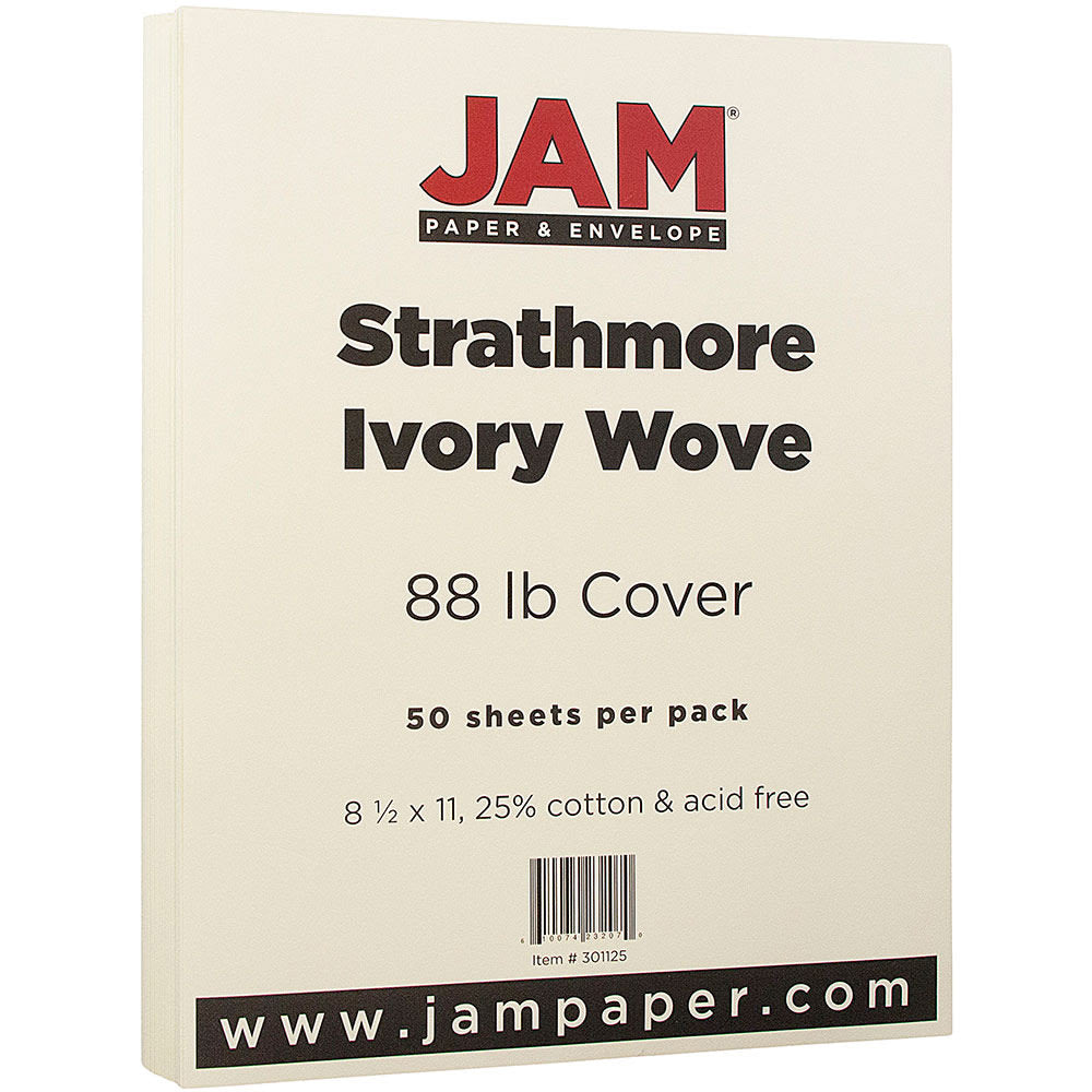 JAM Paper Card Stock, Strathmore Ivory Wove, Letter (8.5in x 11in), 88 Lb, Pack Of 50