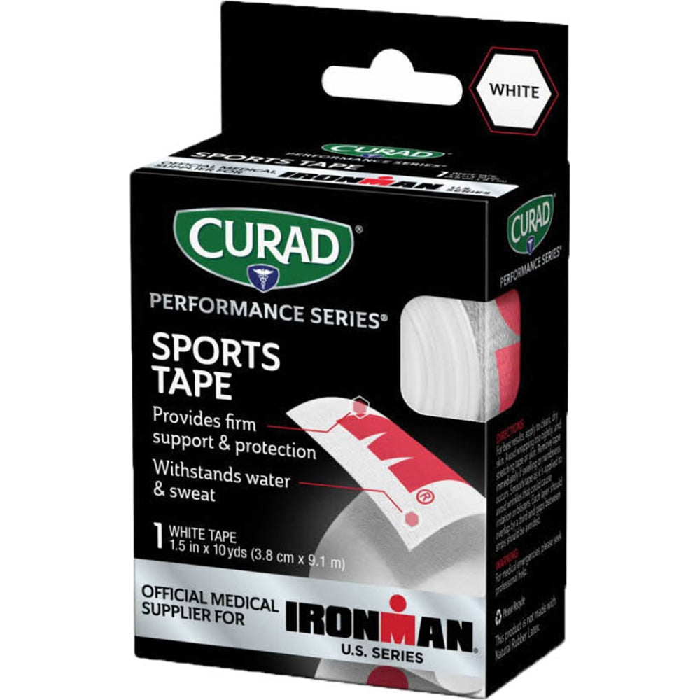 CURAD IRONMAN Performance Series Sports Tape, 1-1/2in x 10 Yd, White/Red, Pack Of 24 Rolls