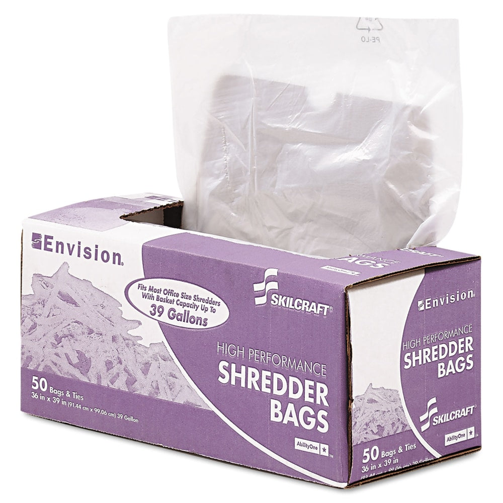 SKILCRAFT Shredder Bags, 36in x 39in, 39 Gallons, Clear, Roll Of 50 Bags, (AbilityOne 8105-01-399-4793)