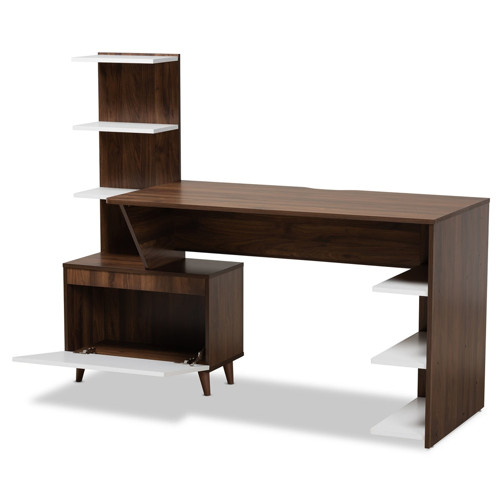 Baxton Studio Mid-Century Modern 61inW 2-Tone Computer Desk With Storage, White/Walnut Brown