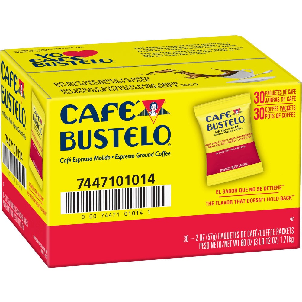 Cafe Bustelo Espresso Coffee Single-Serve Packets, Dark Roast, 2 Oz Per Bag, Carton Of 30 Bags