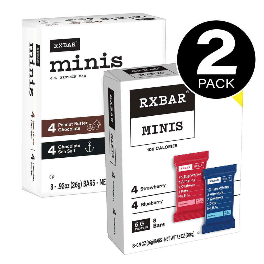 RXBAR MINIS Variety Protein Bars, Choc Sea Salt + PB Choc & Strawberry + Blueberry, 0.9 Oz, 8 Bars Per Box, Pack Of 2 Boxes