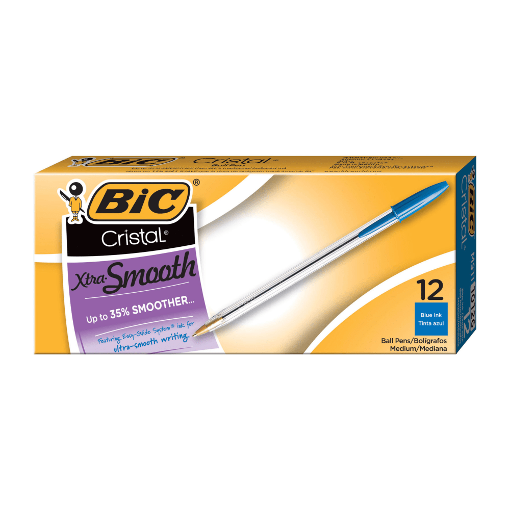 BIC Cristal Ballpoint Pens, Medium Point, 1.0 mm, Clear Barrel, Blue Ink, Pack Of 12