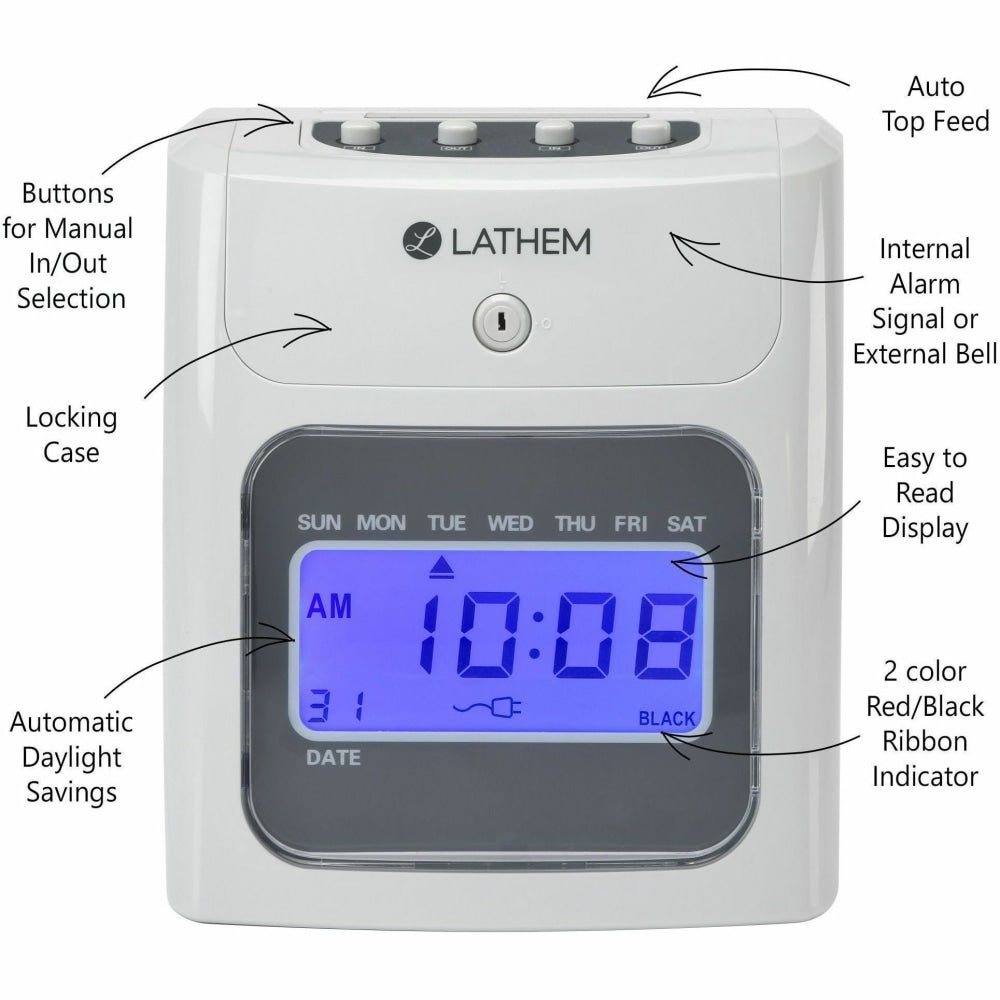 Lathem 400E Top Feed Electronic Time Clock Kit - Card Punch/Stamp - Month, Date, Week, Time, Bi-weekly, Semi-monthly, Month Record Time