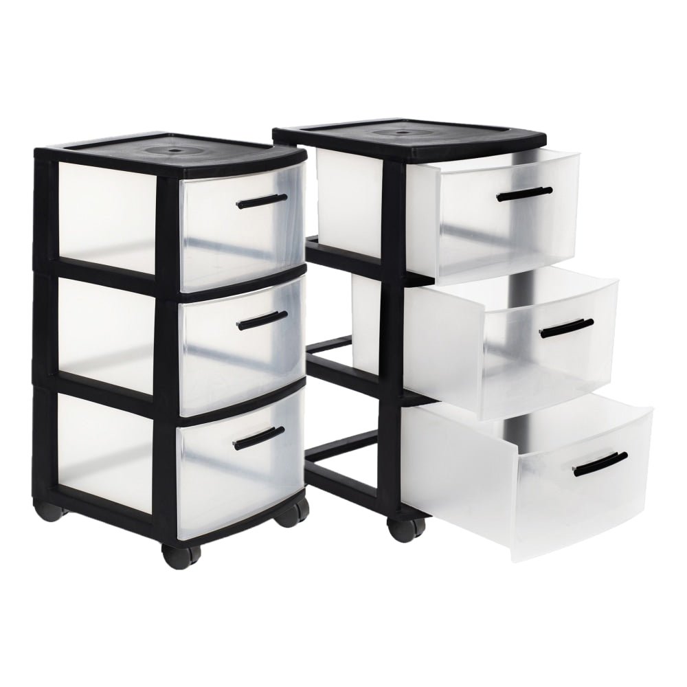 Inval MQ 3-Drawer Rolling Storage Cabinets, 25-1/2inH x 12-1/2inW x 14-1/2inD, Black/Clear, Set Of 2 Cabinets