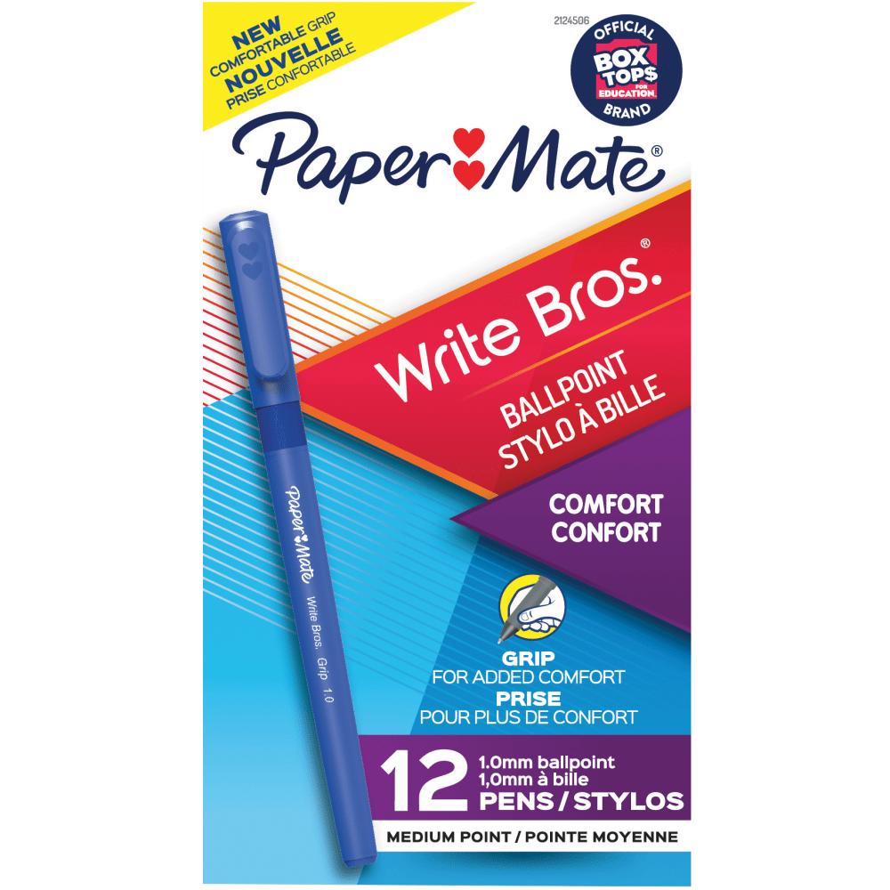 Paper Mate Write Bros Grip Ballpoint Pens, Medium Point, 1.0 mm, Blue Barrel, Blue Ink, Pack Of 12 Pens