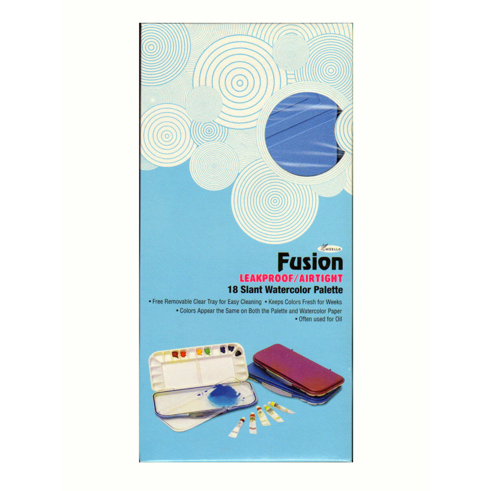 Mijello Fusion Series Airtight Watercolor Palette, Reusable, 18 Wells, 10 1/2in x 5in x 7/8in, White and Blue