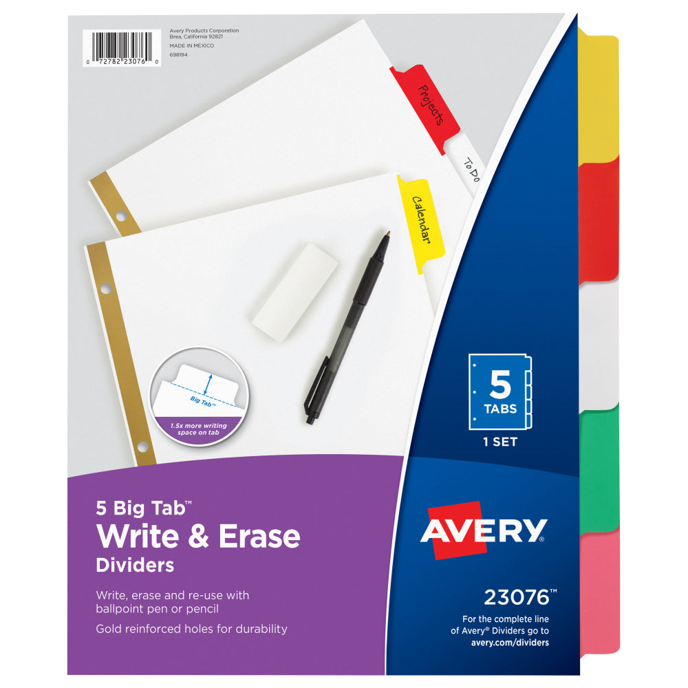 Avery Big Tab Write-On Tab Dividers With Erasable Laminated Tabs, 5-Tab, Multicolor