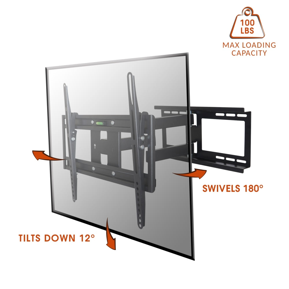 MegaMounts Full-Motion Wall Mount With Bubble Level For 26 - 55in Screens, 19.5inH x 17.97inW x 4.5inD, Black