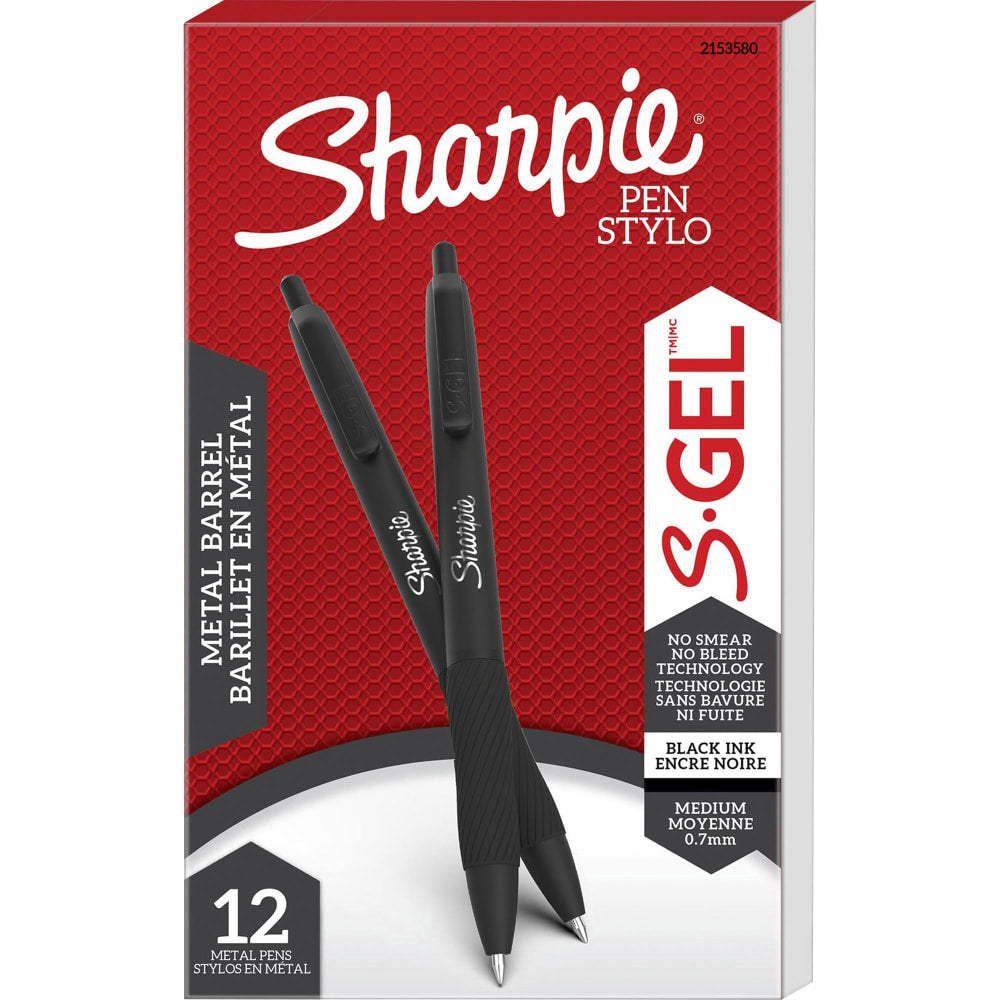 Sharpie S-Gel Pens, Pack Of 12, Medium Point, 0.7 mm, Matte Black Barrel, Black Ink