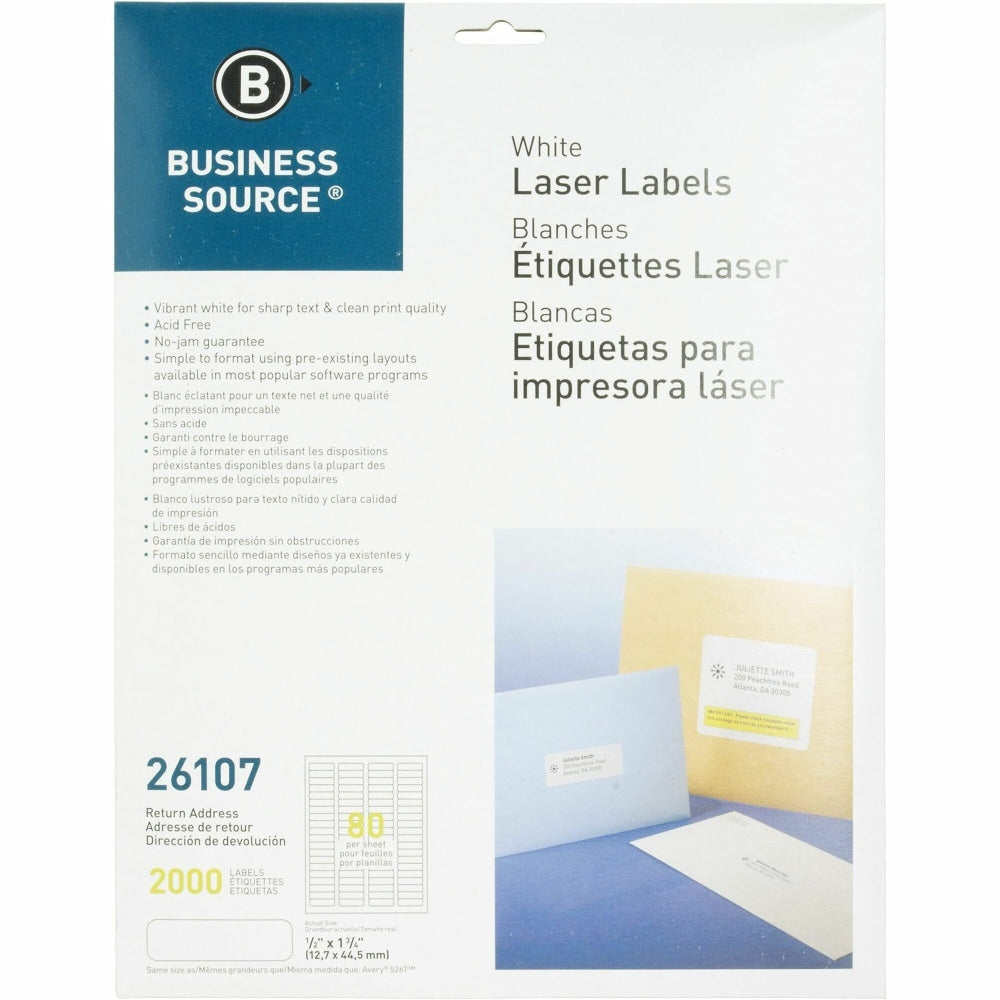 Business Source Address Laser Labels - 1/2in Width x 1 3/4in Length - Permanent Adhesive - Rectangle - Laser - White - 80 / Sheet - 25 Total Sheets - 2000 / Pack - Lignin-free, Jam-free