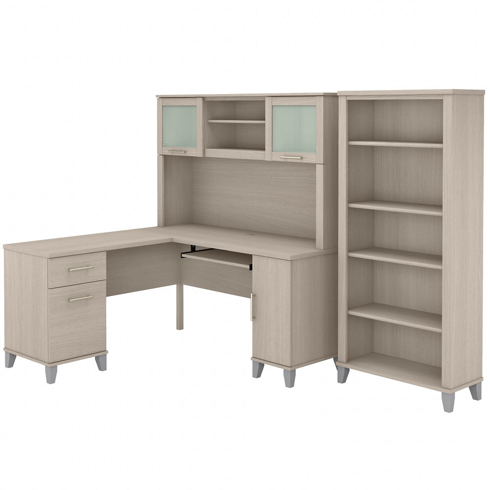 Bush Furniture Somerset 60inW L-Shaped Desk With Hutch And 5-Shelf Bookcase, Sand Oak, Standard Delivery