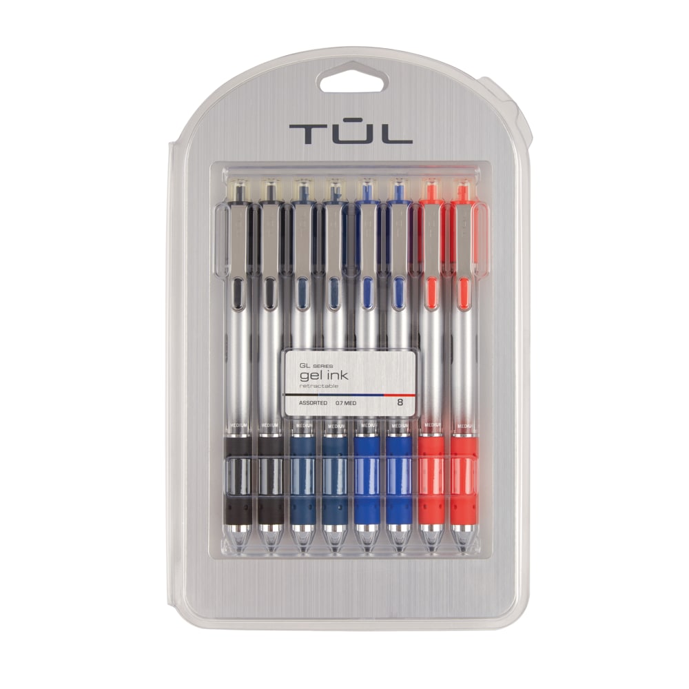 TUL GL Series Retractable Gel Pens, Medium Point, 0.7 mm, Sliver Barrel, Assorted Standard Inks, Pack Of 8 Pens