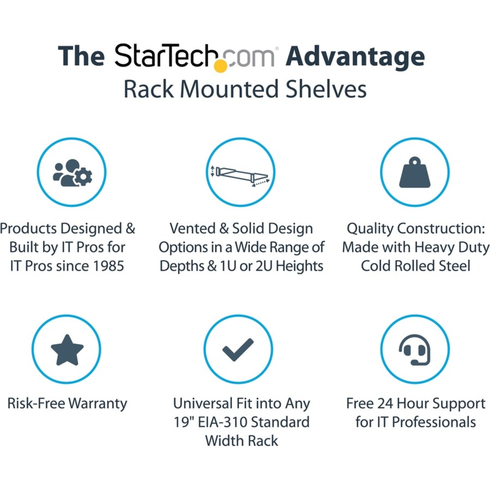 StarTech.com 1U Vented Server Rack Cabinet Shelf - Fixed 16in Deep Cantilever Rackmount Tray for 19in Data/AV/Network Enclosure w/Cage Nuts