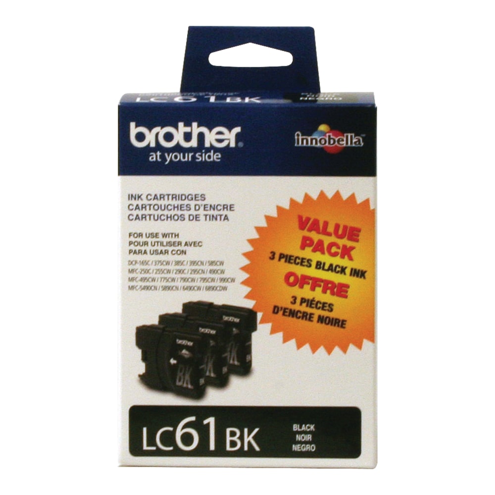 Brother LC61 Black Ink Cartridges, Pack Of 3, LC61BK3PKS