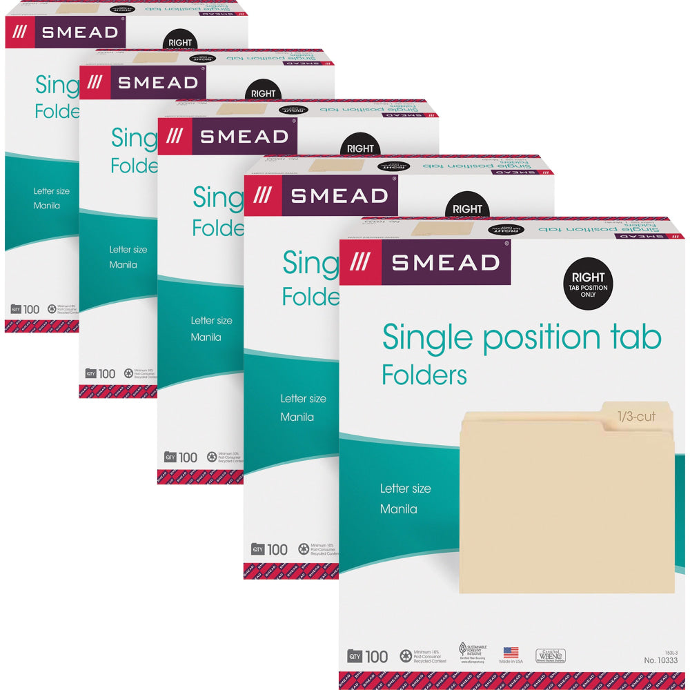 Smead Top Tab File Folders, Letter Size, 8 1/2in x 11in, 1/3 Tab Cut, Right Tab Position, 3/4in Expansion, Manila, Carton Of 500 Folders