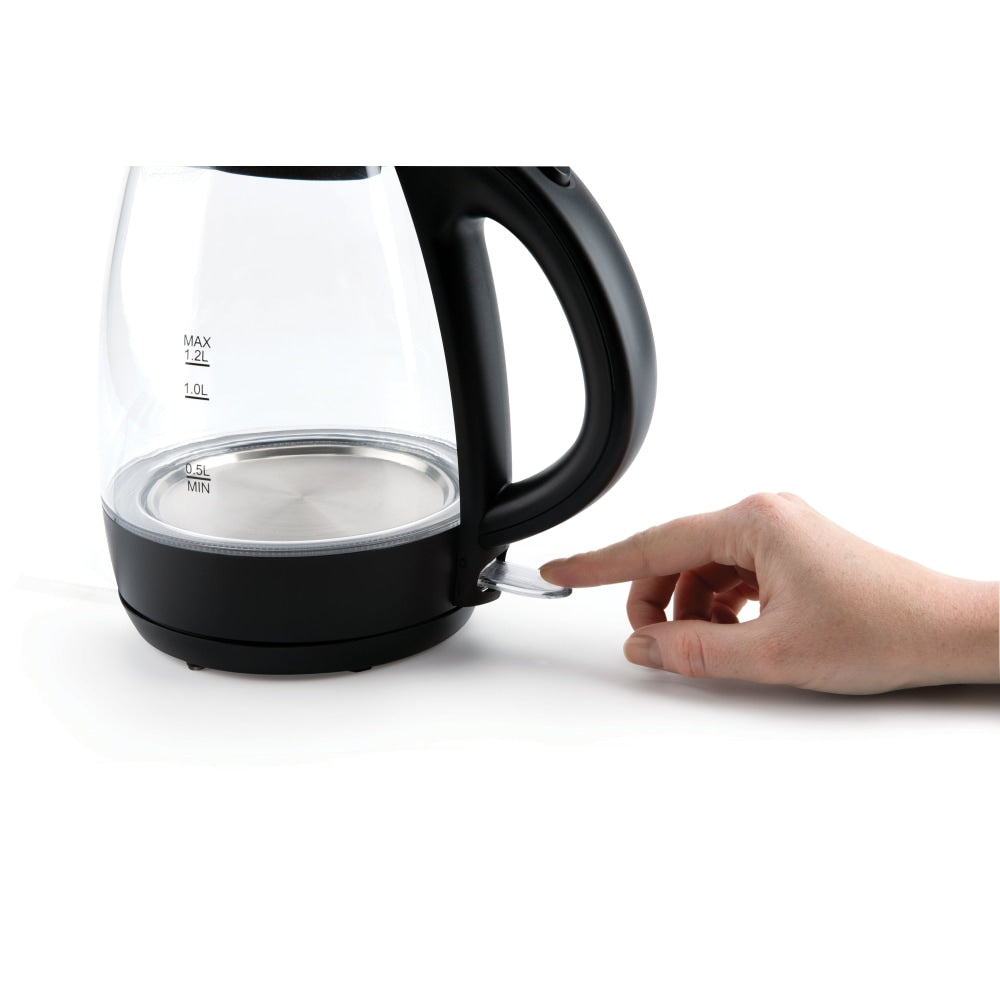 Aroma 1.2L Cordless Glass Kettle, 7-1/2inH x 6-1/2inW x 9-1/2inD, Clear/Black